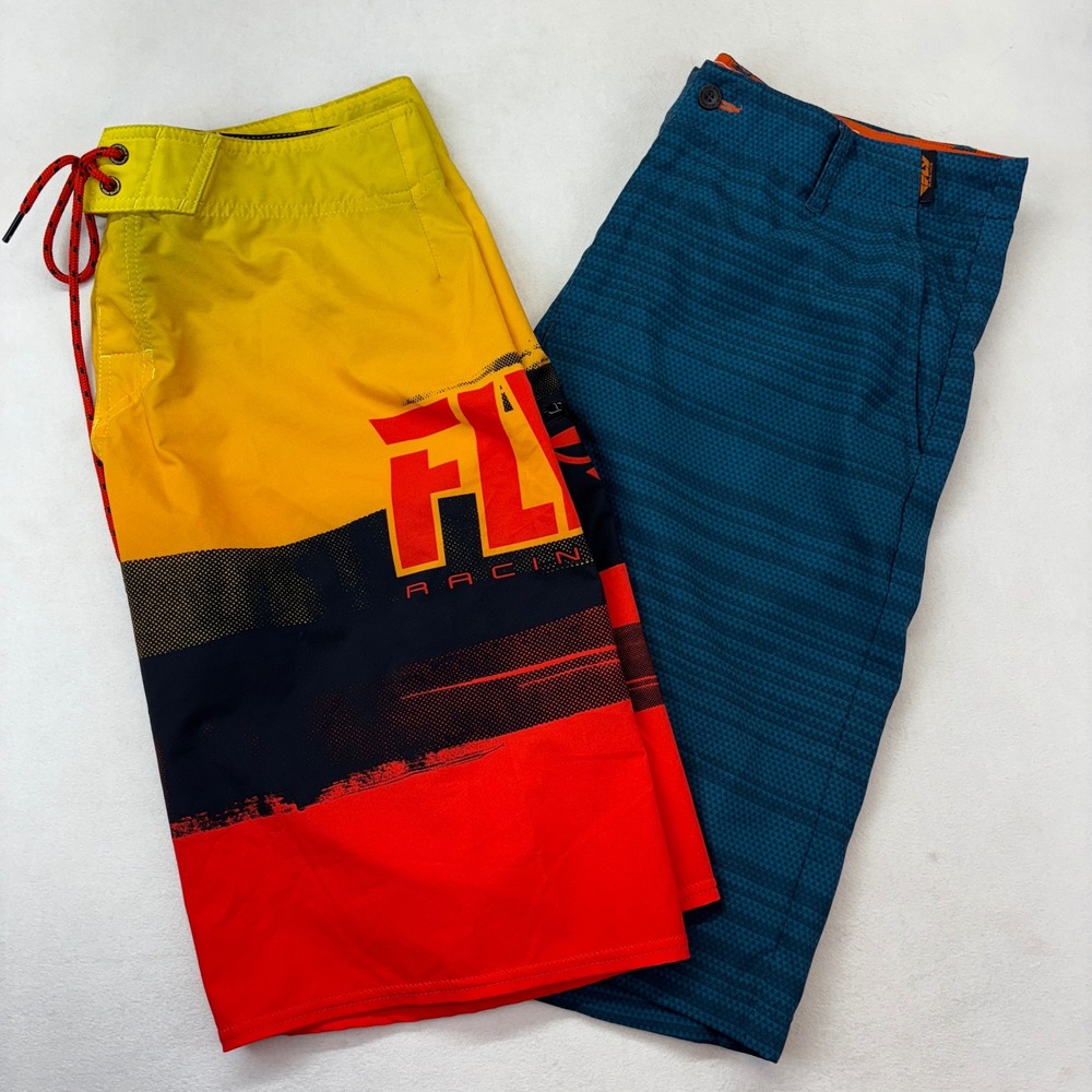 Fly Racing Mens Board Shorts Lot 2 Pair Size 32 Yellow Red Teal Swim Trunks‎